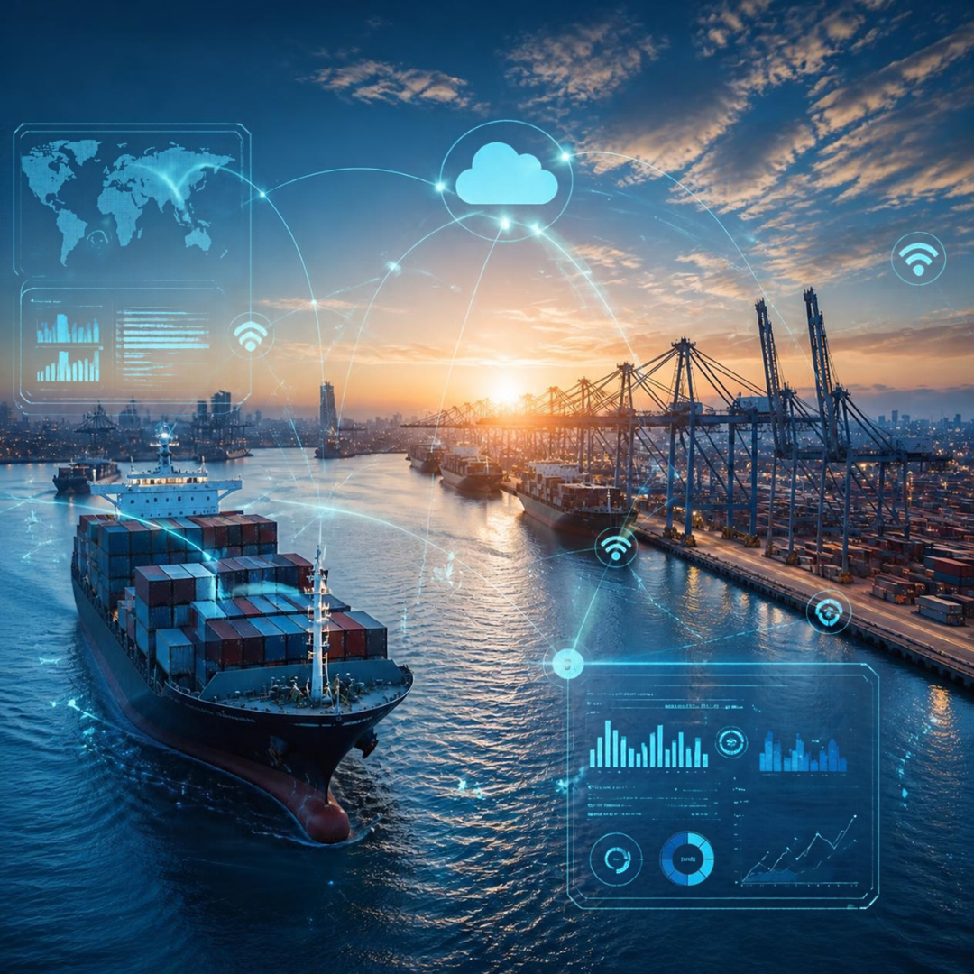 Cargo ship and port cranes overlaid with cloud, network and data graphics.