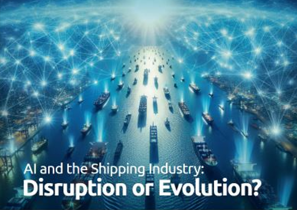 Cargo vessel and digital data illustrating AI adoption in the shipping industry