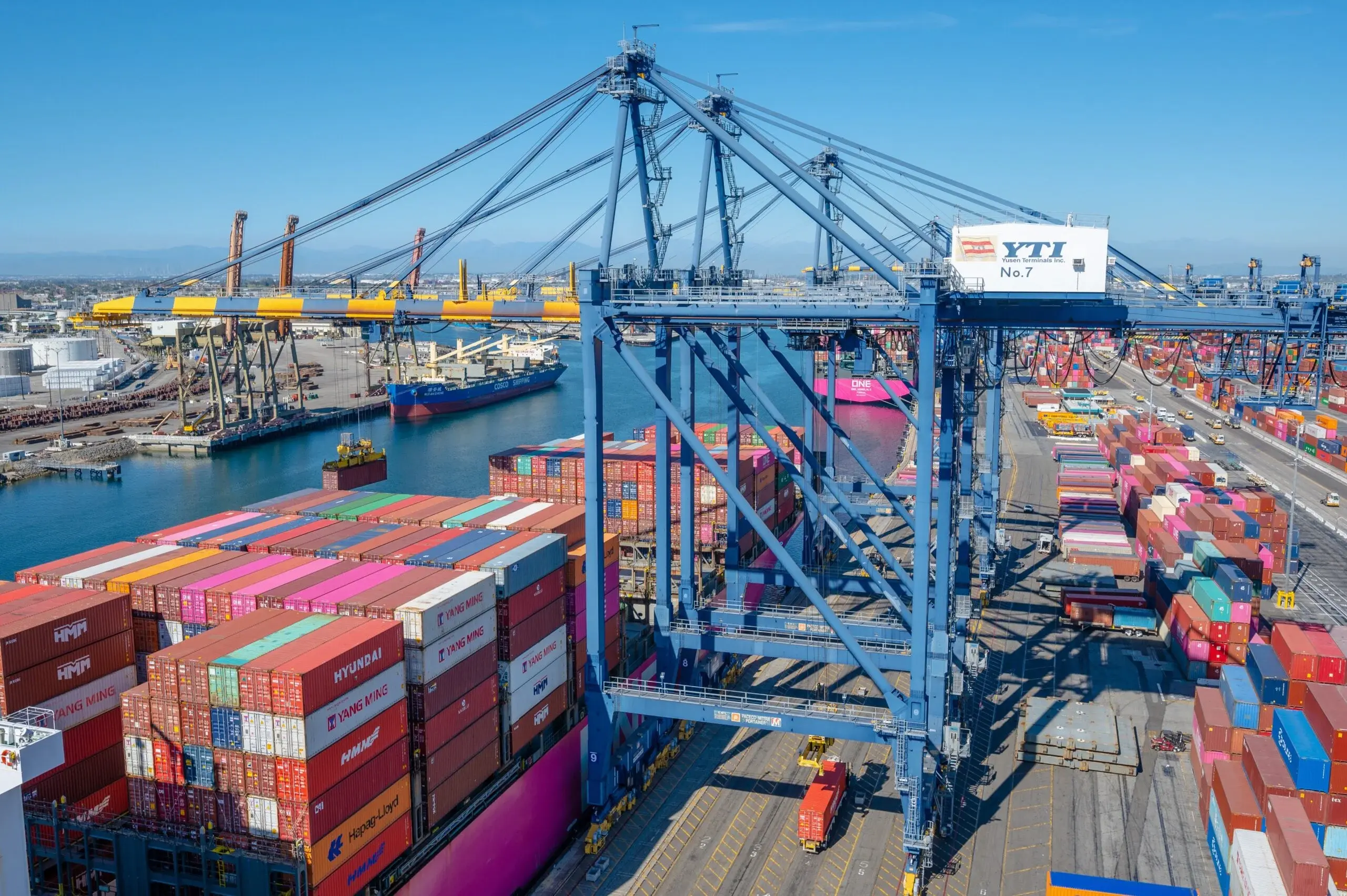 Gantry cranes and stacked containers beside cargo ships at a port.